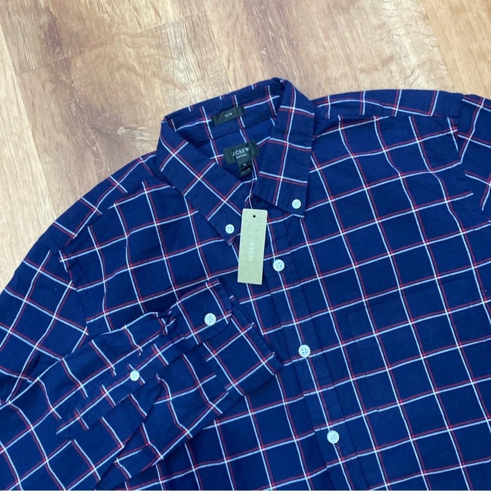 J. Crew Mens Medium Slim Fit Navy Blue Plaid Oxford Button Down Shirt